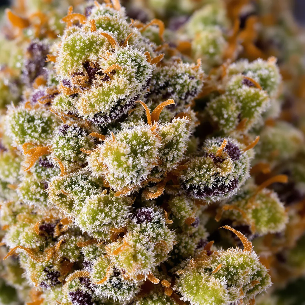 Gros plan de fleur de cannabis Strawberry Cheese montrant structure équilibrée avec trichomes givrés