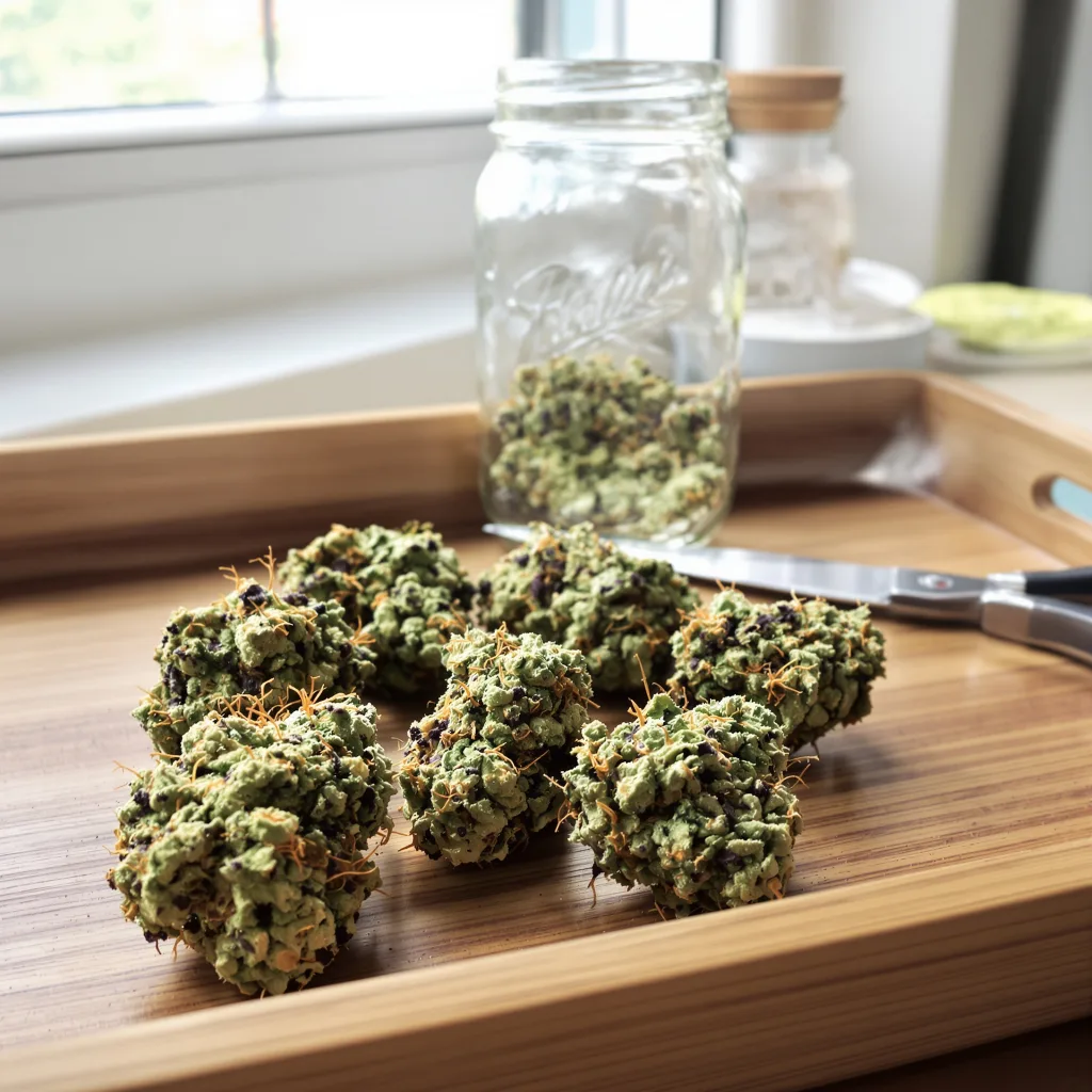 Strawberry Cheese 56% indica / 44% sativa — fleur avec trichomes visibles