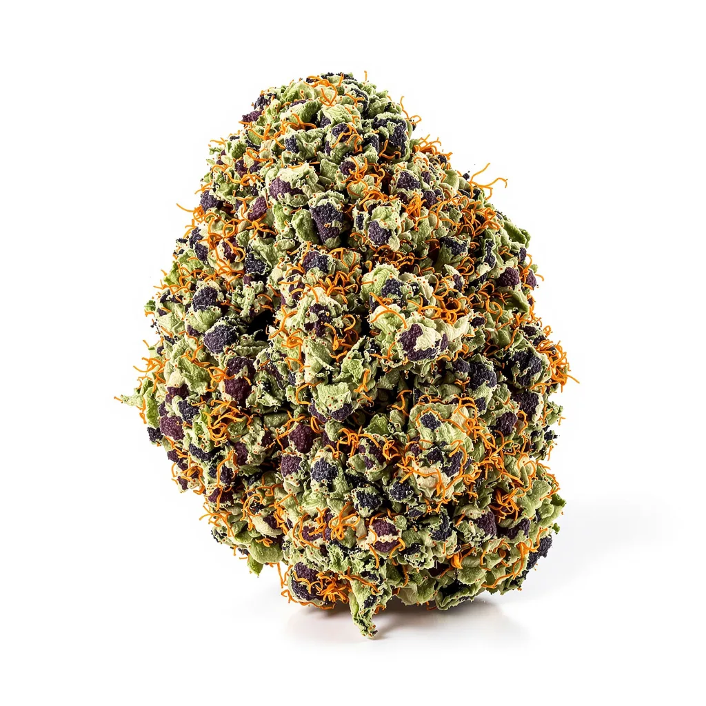 Strawberry Cheesecake 70% indica / 30% sativa — fleur avec trichomes visibles