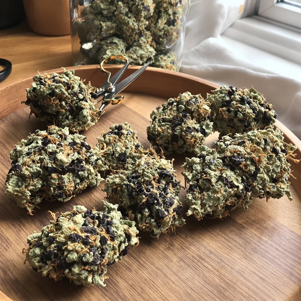 Strawberry Cheesecake 70% indica / 30% sativa — fleur avec trichomes visibles