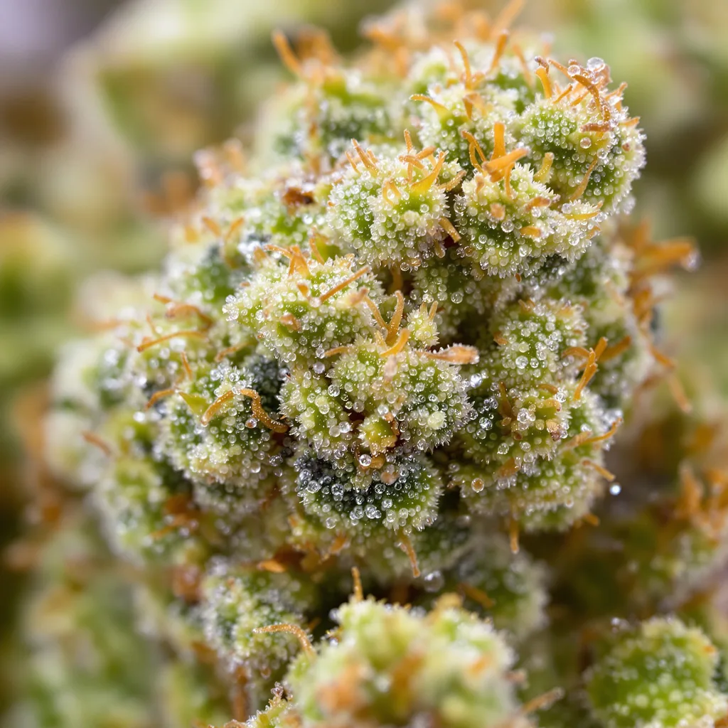 Gros plan de fleur de cannabis Strawberry Cough montrant structure aérée vert lime