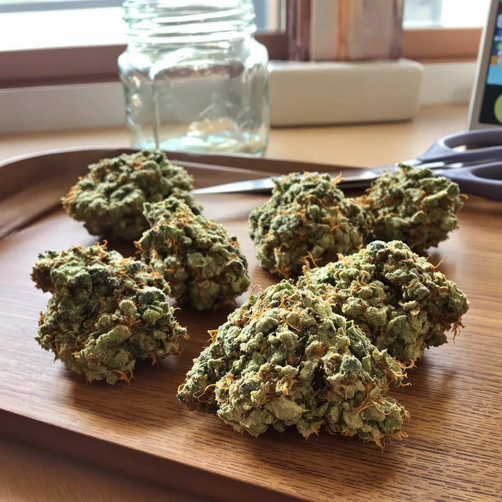 Strawberry Diesel 59% indica / 41% sativa — fleur avec trichomes visibles