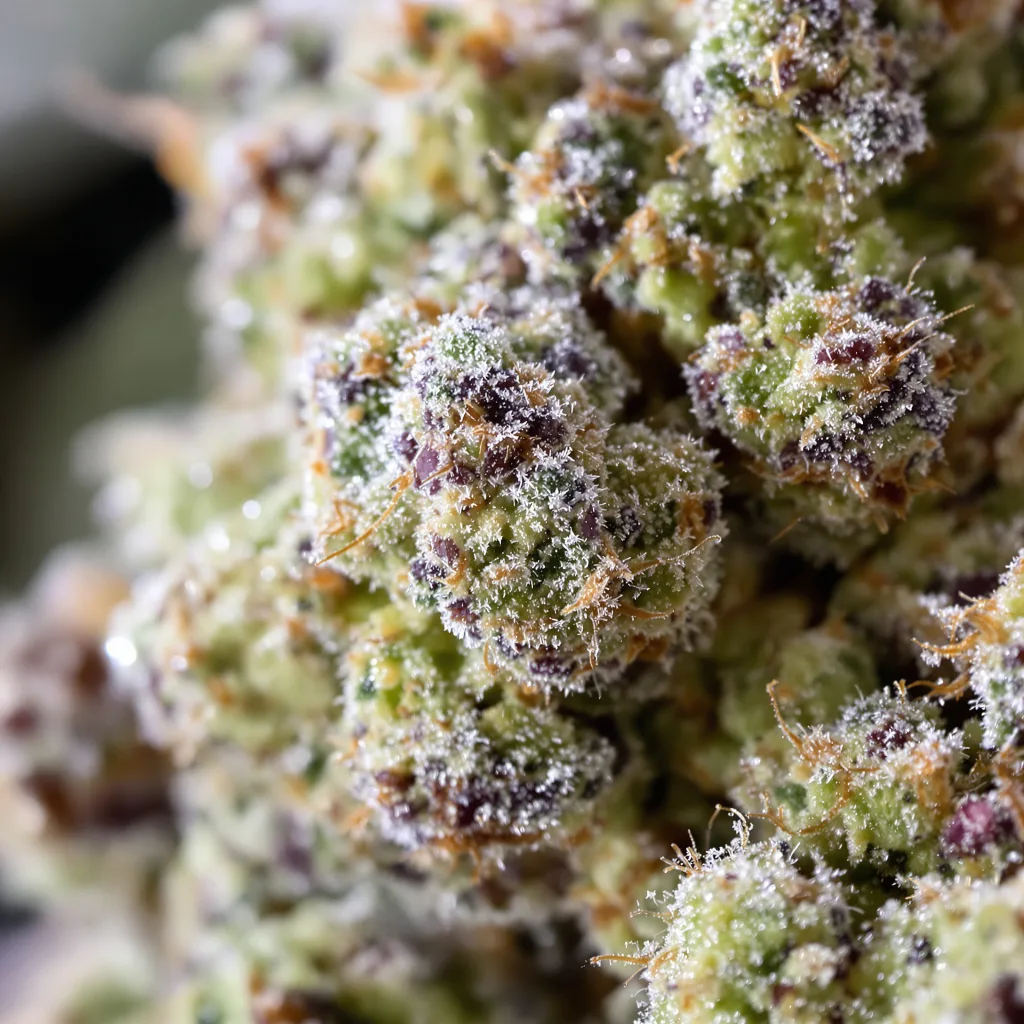 Gros plan de fleur de cannabis Strawberry Diesel montrant structure équilibrée avec trichomes givrés