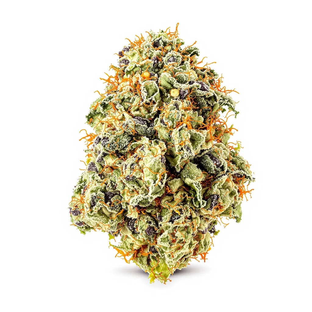 Strawberry Diesel 59% indica / 41% sativa — fleur avec trichomes visibles