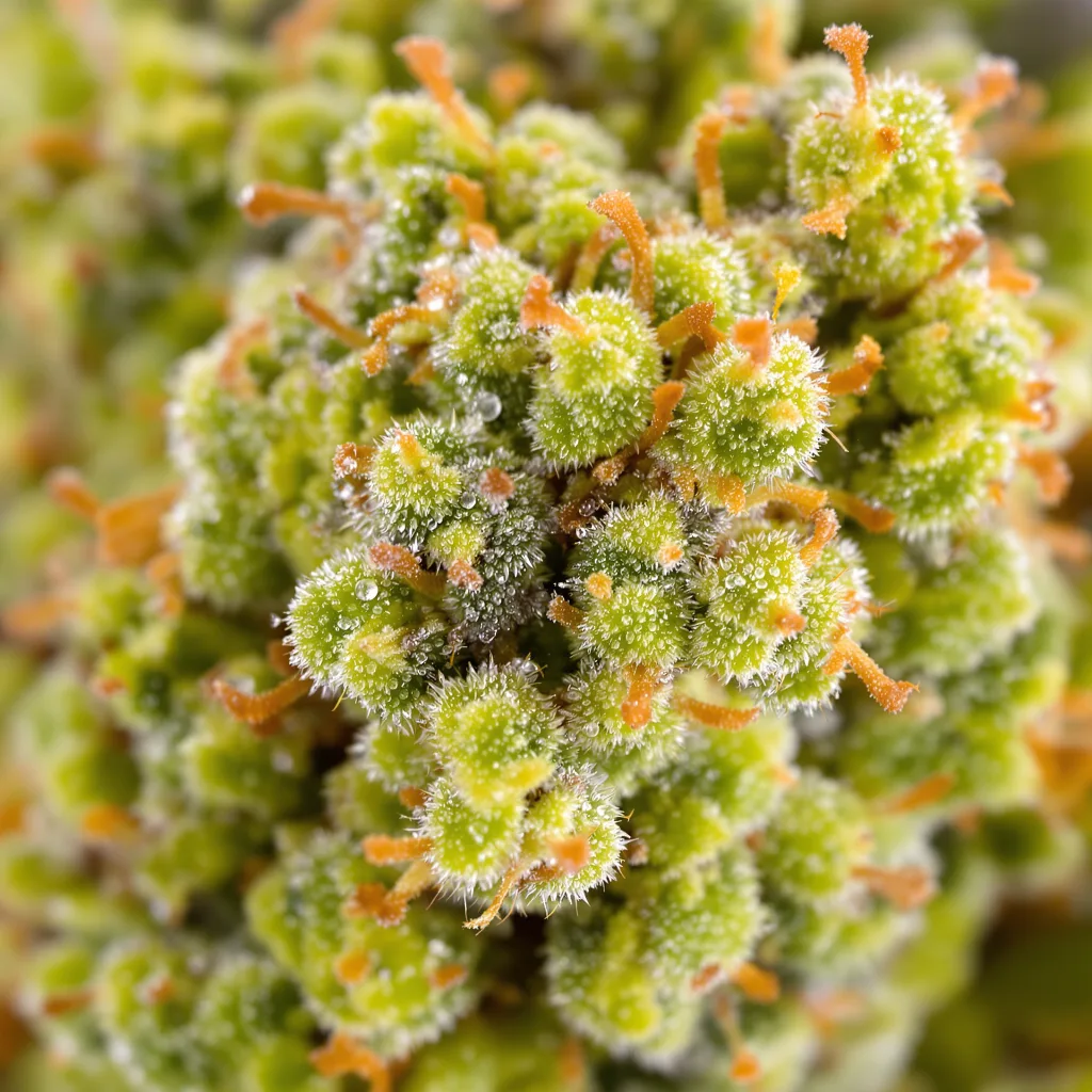 Gros plan de fleur de cannabis Strawberry montrant structure aérée vert lime
