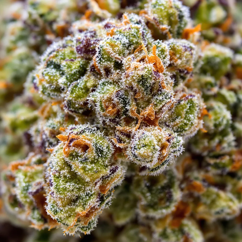 Gros plan de fleur de cannabis Strawberry Fizz Prerolls montrant structure équilibrée avec trichomes givrés