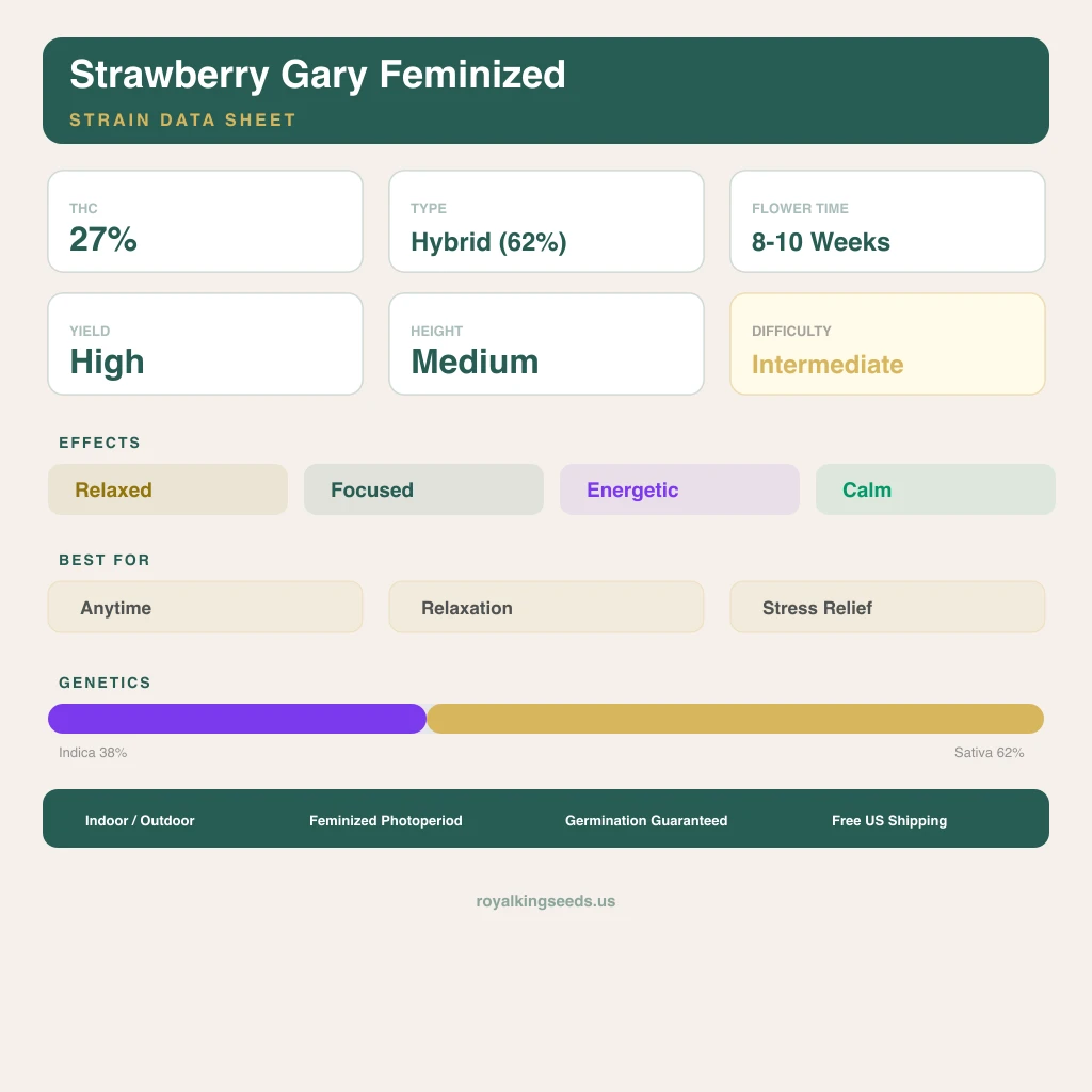 Strawberry Gary 38% indica / 62% sativa — fleur avec trichomes visibles