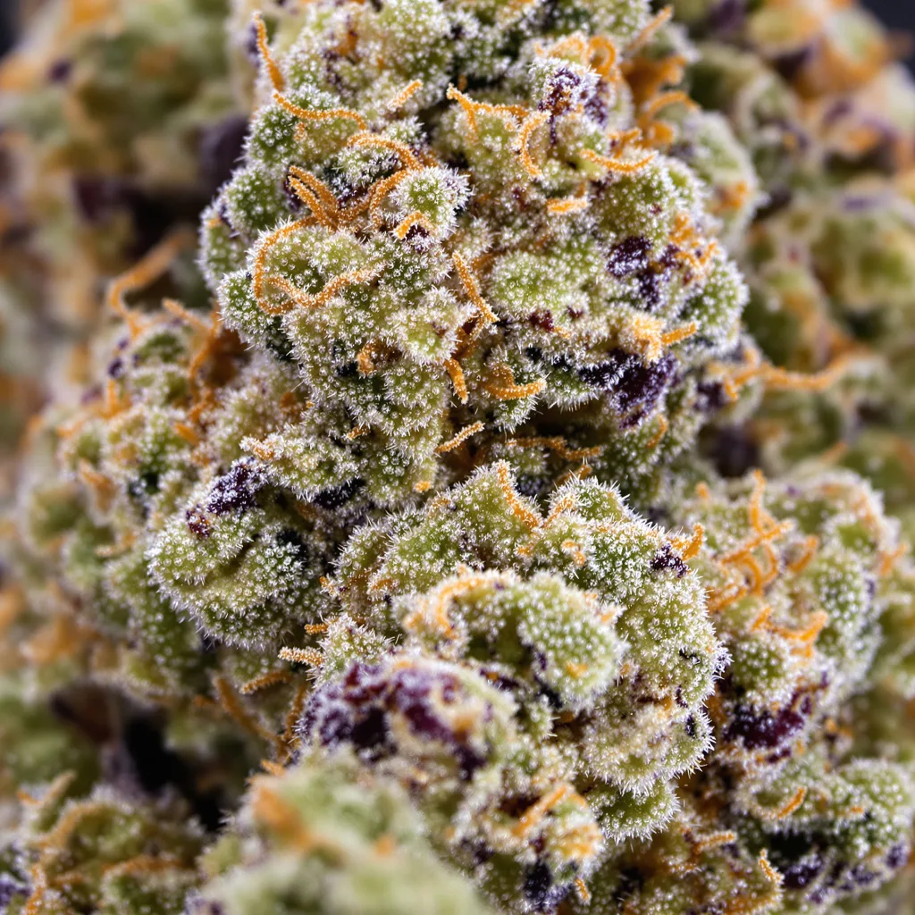 Gros plan de fleur de cannabis Strawberry Gary montrant structure ouverte avec pistils orangés