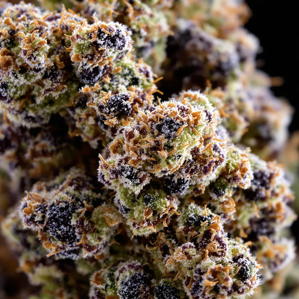 Gros plan de fleur de cannabis Strawberry Gorilla montrant calices denses aux reflets violets
