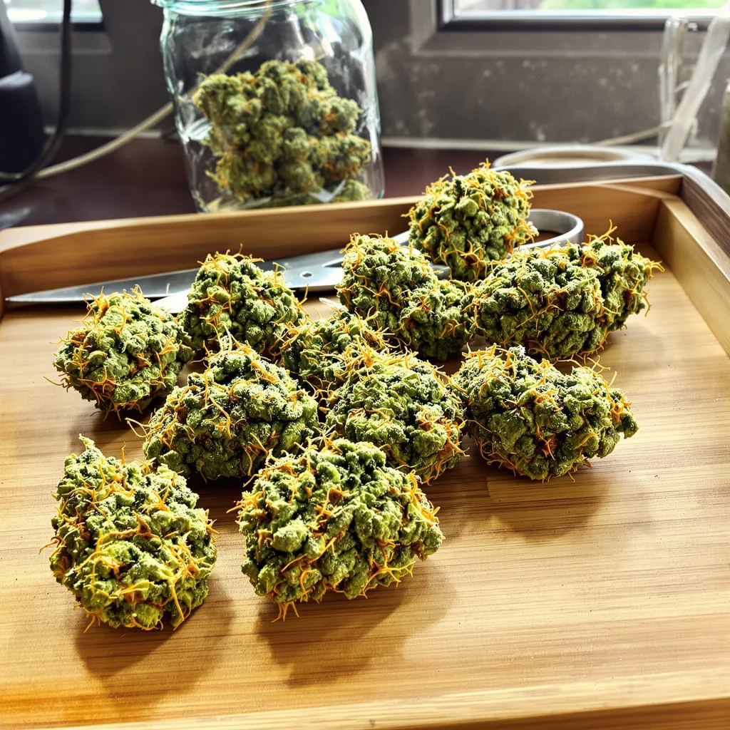 Strawberry Haze 25% indica / 75% sativa — fleur avec trichomes visibles