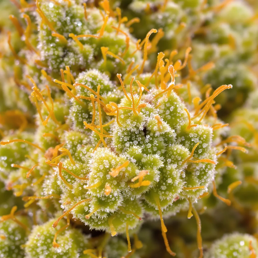 Gros plan de fleur de cannabis Strawberry Haze montrant structure aérée vert lime