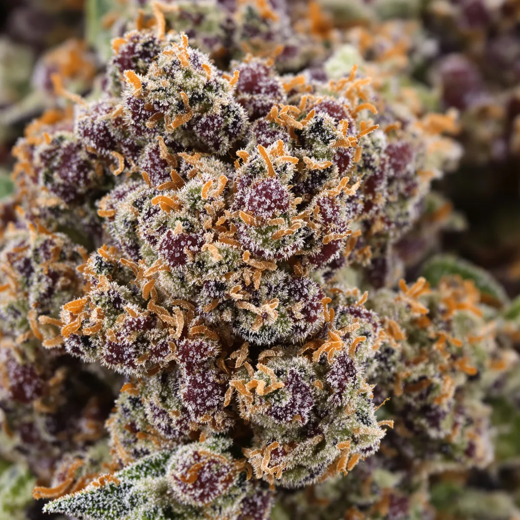 Gros plan de fleur de cannabis Strawberry Kush montrant calices denses aux reflets violets