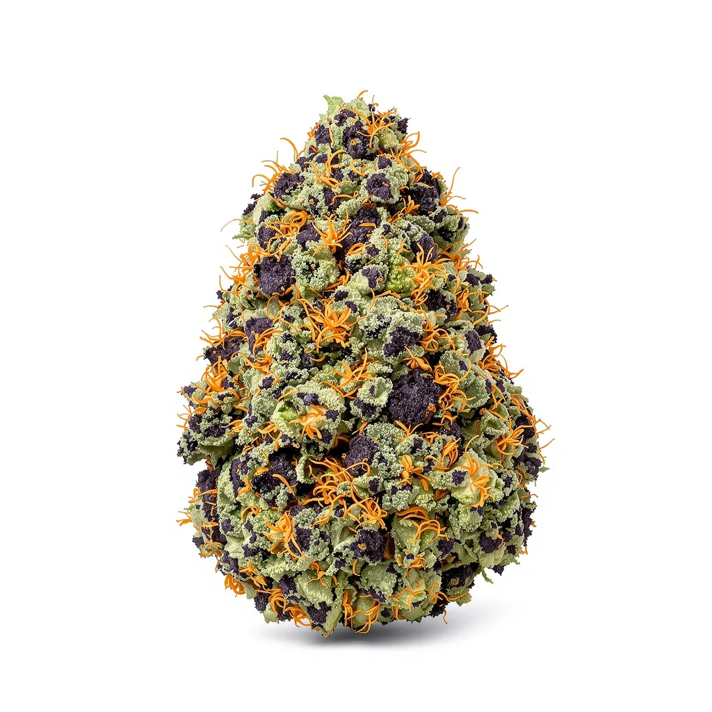 Strawberry Kush 78% indica / 22% sativa — fleur avec trichomes visibles
