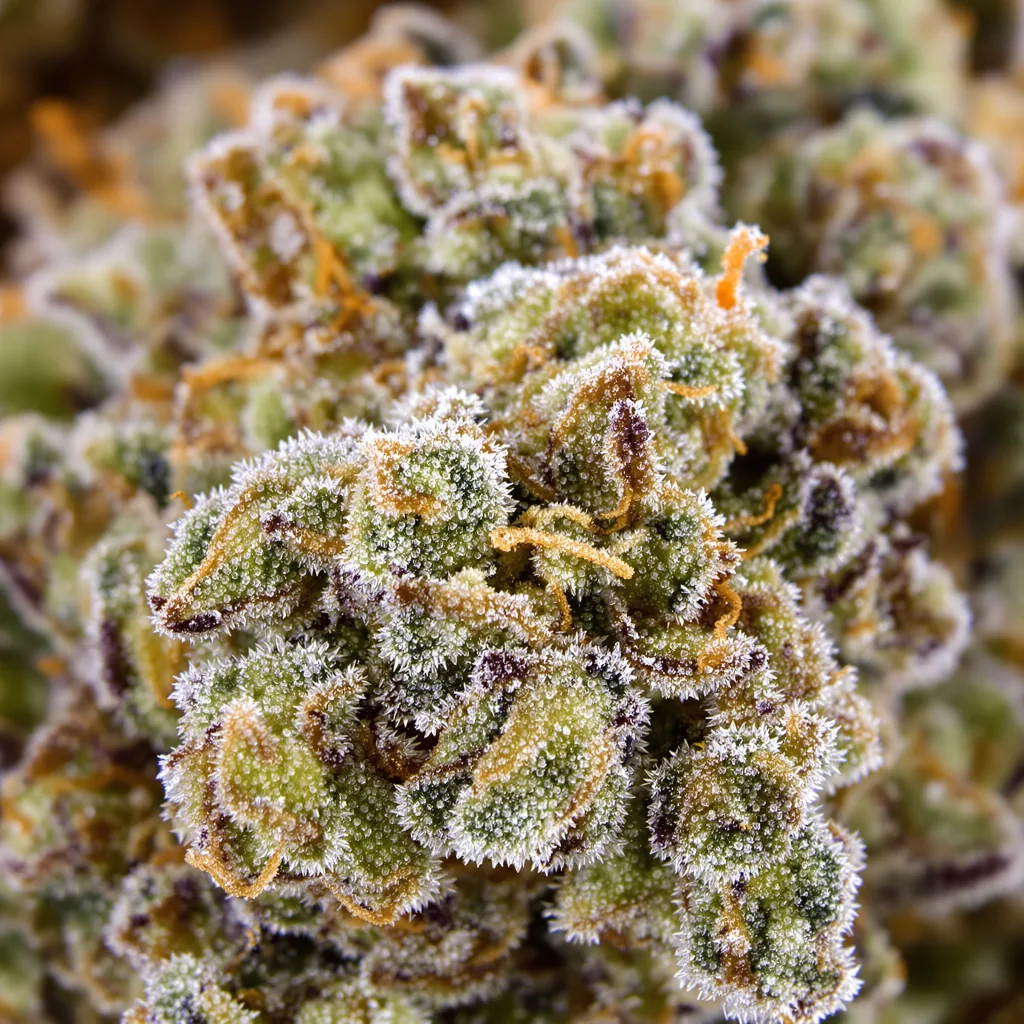 Gros plan de fleur de cannabis Strawberry Milkshake montrant structure équilibrée avec trichomes givrés