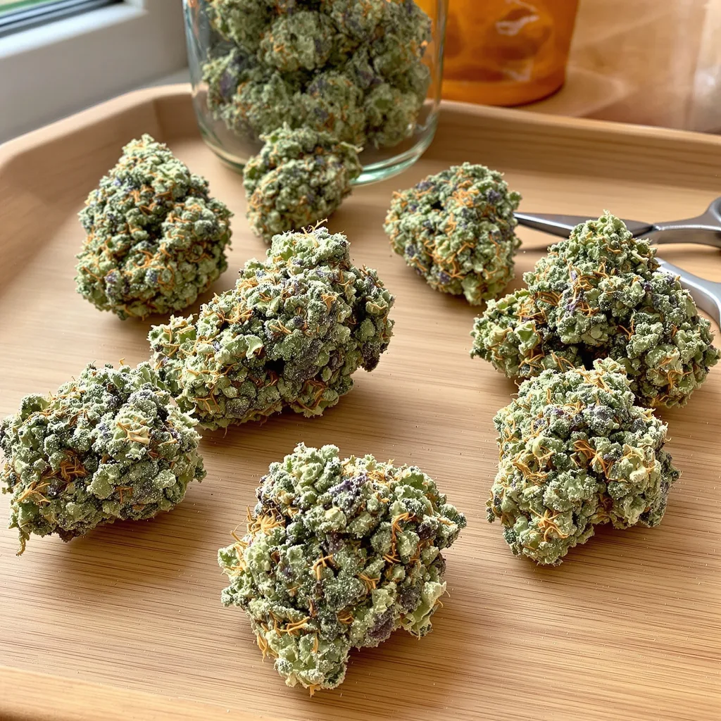 Sugar Cookie 60% indica / 40% sativa — fleur avec trichomes visibles