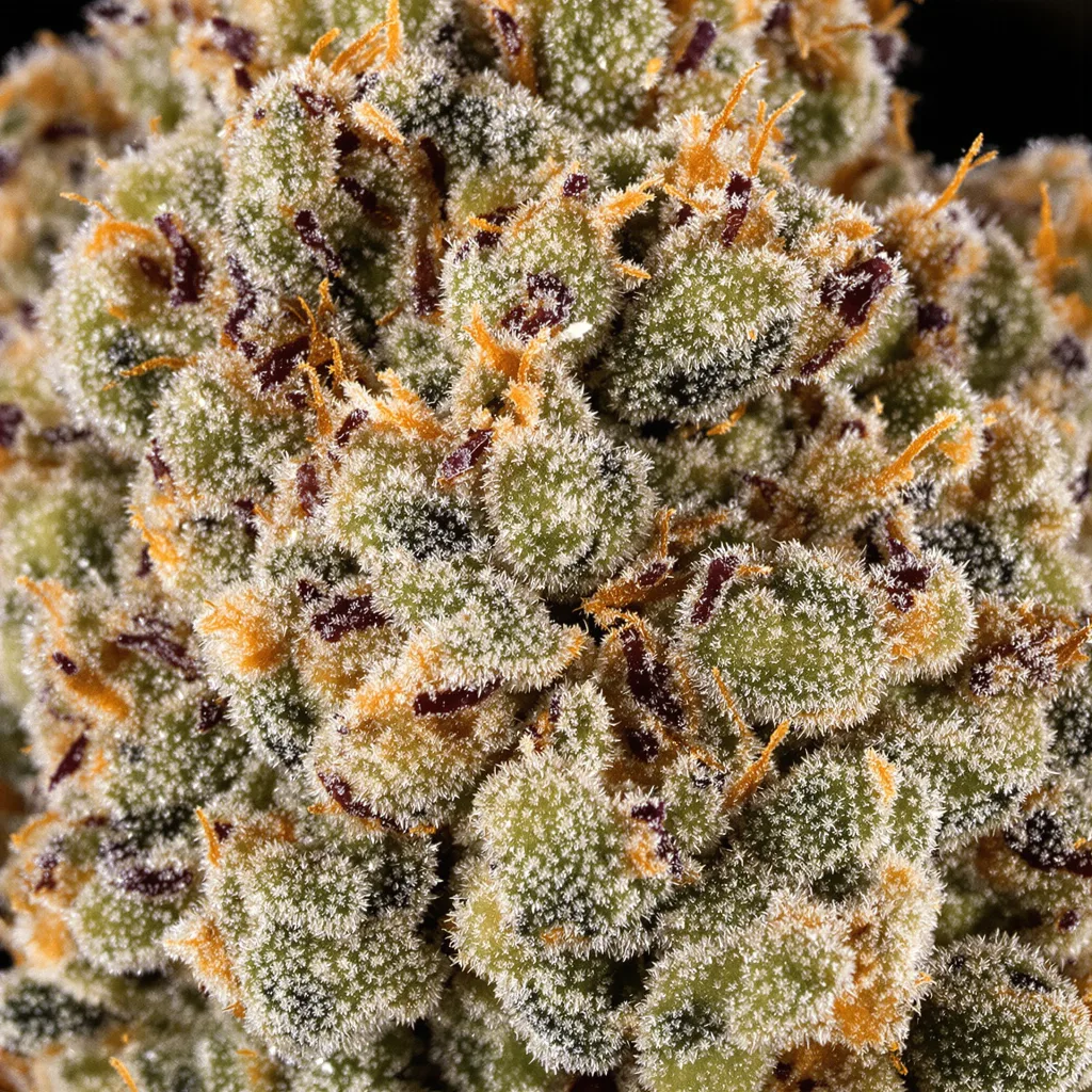 Gros plan de fleur de cannabis Sugar Cookie montrant nugs denses vert forêt
