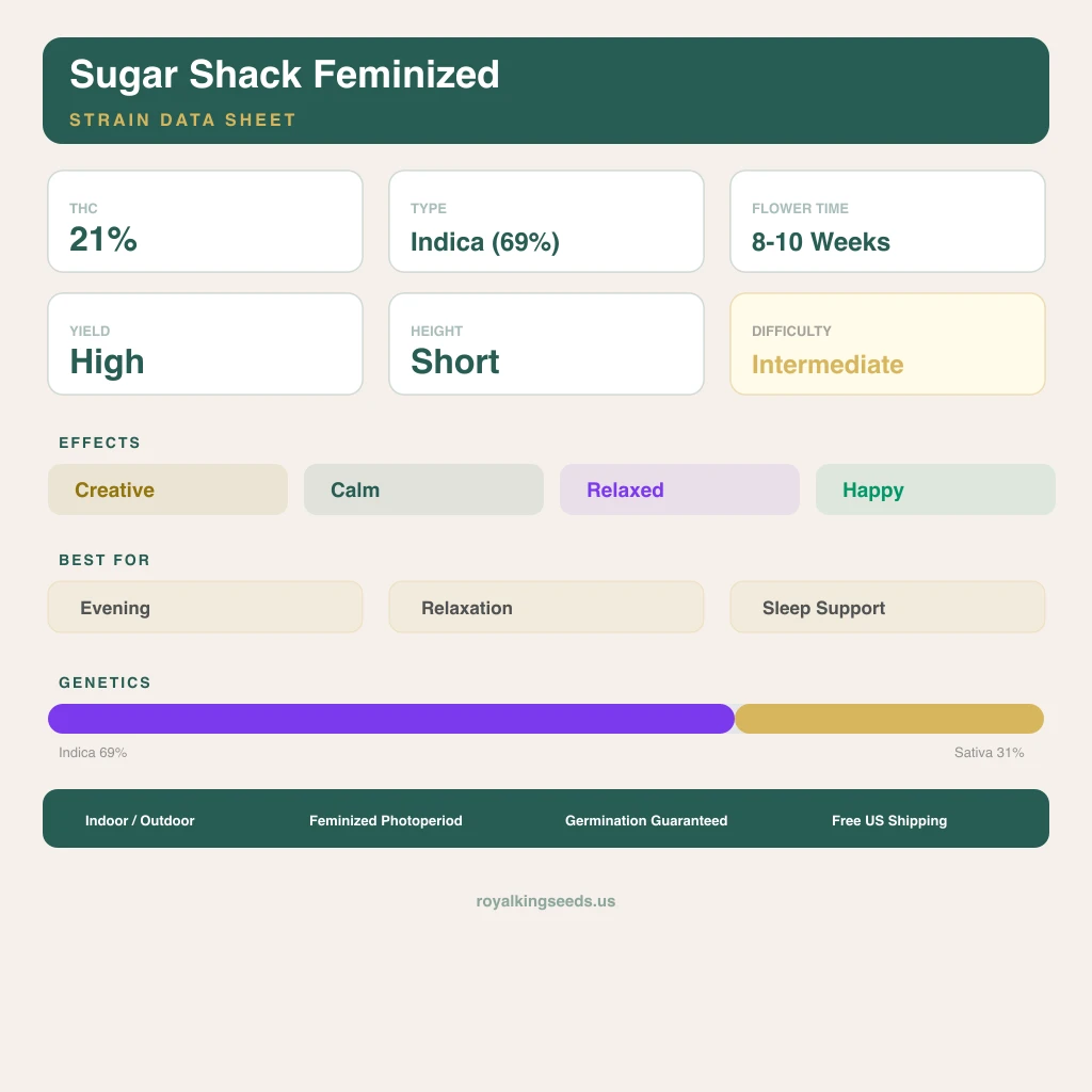 Sugar Shack 69% indica / 31% sativa — fleur avec trichomes visibles