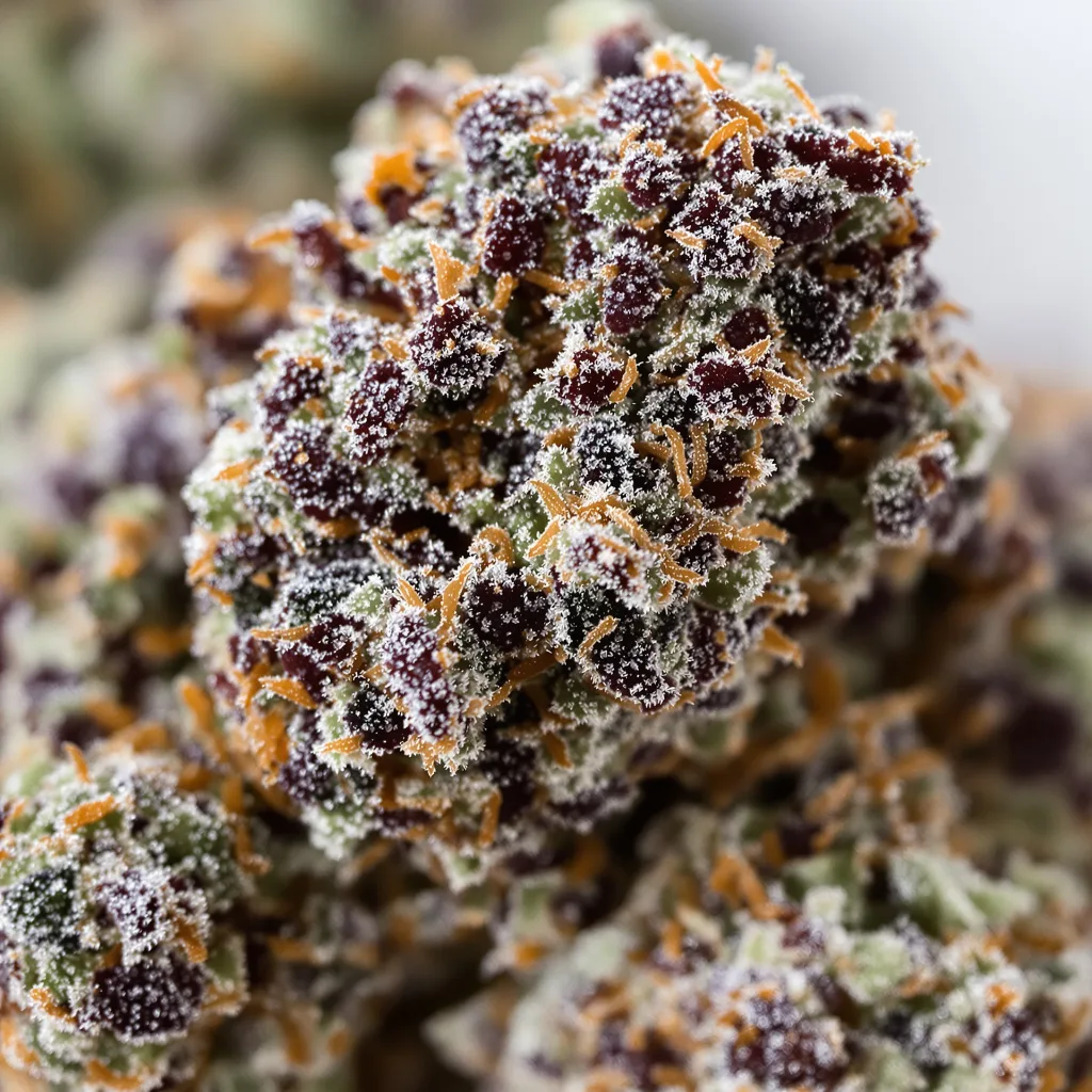 Gros plan de fleur de cannabis Sugar Shack montrant calices denses aux reflets violets