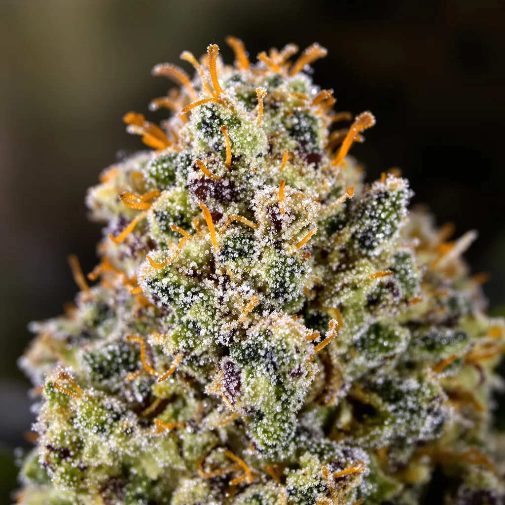 Gros plan de fleur de cannabis Sundae Driver montrant nugs denses vert forêt