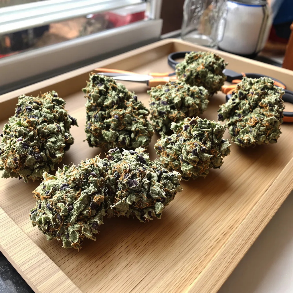 Sunrise 37% indica / 63% sativa — fleur avec trichomes visibles