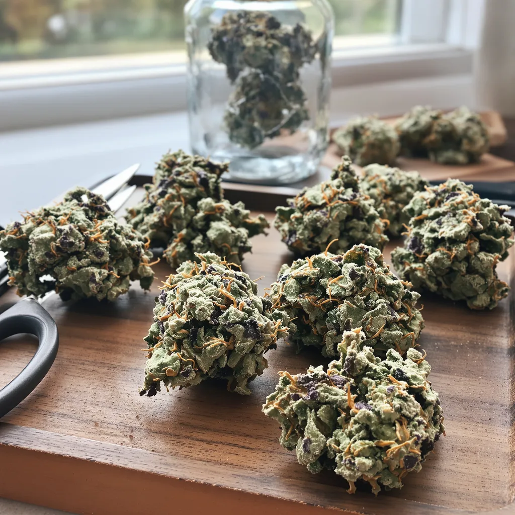 Sunset Sherbet 57% indica / 43% sativa — fleur avec trichomes visibles