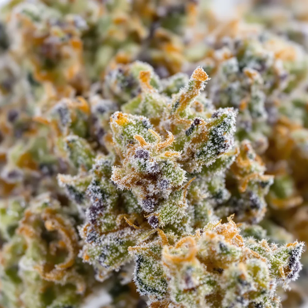 Gros plan de fleur de cannabis Sunset Sherbet montrant structure équilibrée avec trichomes givrés