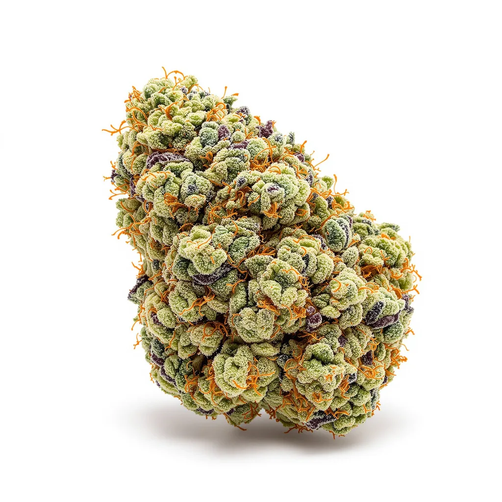 Sunset Sherbet 57% indica / 43% sativa — fleur avec trichomes visibles