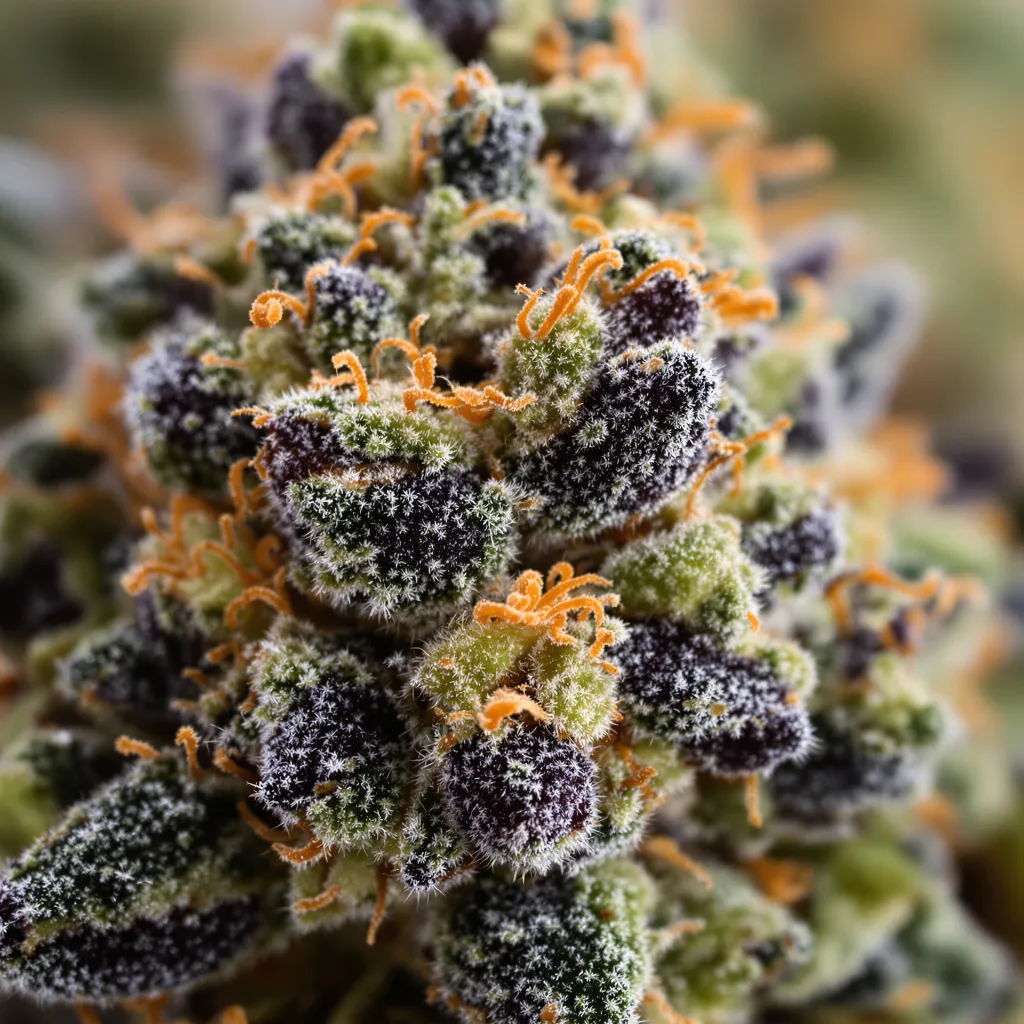 Gros plan de fleur de cannabis Super Bud montrant calices denses aux reflets violets