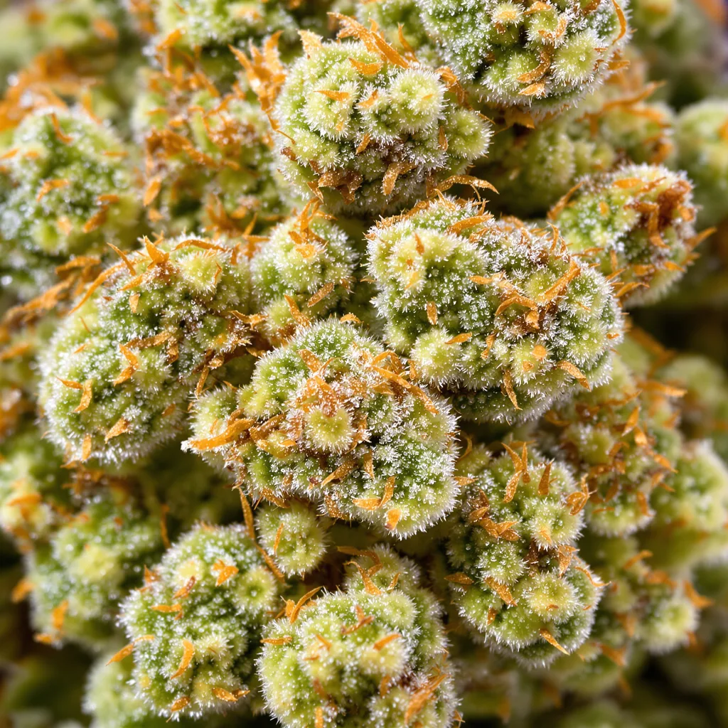 Gros plan de fleur de cannabis Super Green Crack montrant structure aérée vert lime