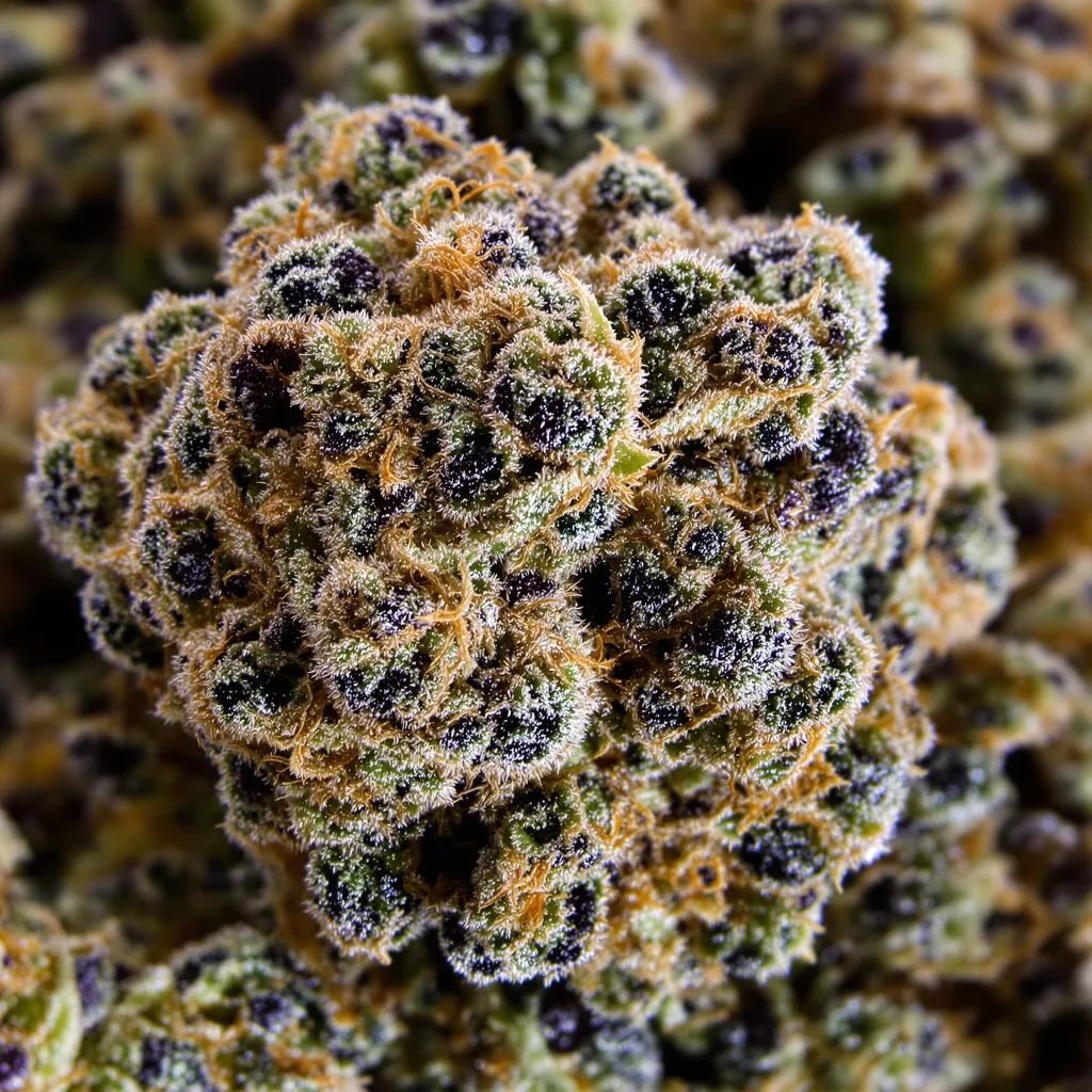 Gros plan de fleur de cannabis Super Kush montrant calices denses aux reflets violets