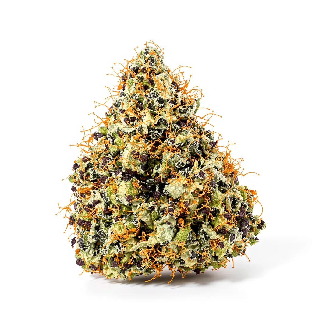 Super Kush 71% indica / 29% sativa — fleur avec trichomes visibles