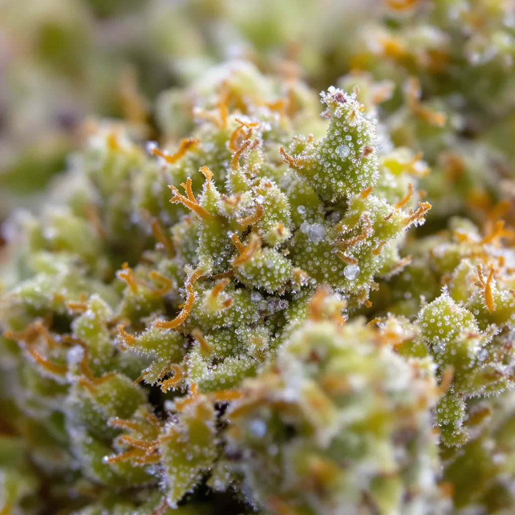 Gros plan de fleur de cannabis Super Lemon Haze montrant structure aérée vert lime