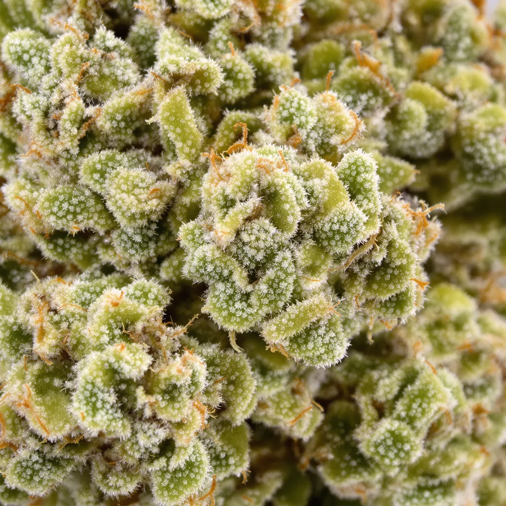 Gros plan de fleur de cannabis Super Silver Haze montrant structure aérée vert lime