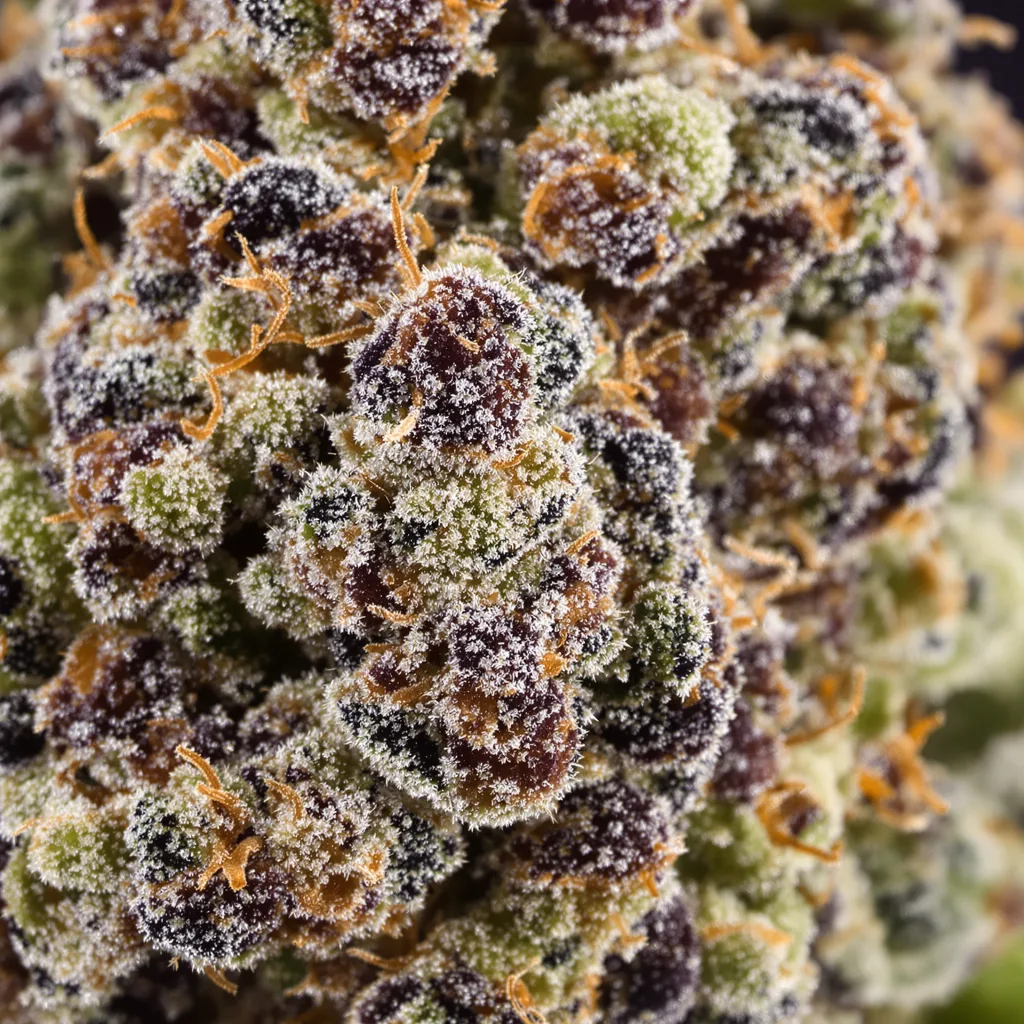 Gros plan de fleur de cannabis Super Skunk montrant calices denses aux reflets violets