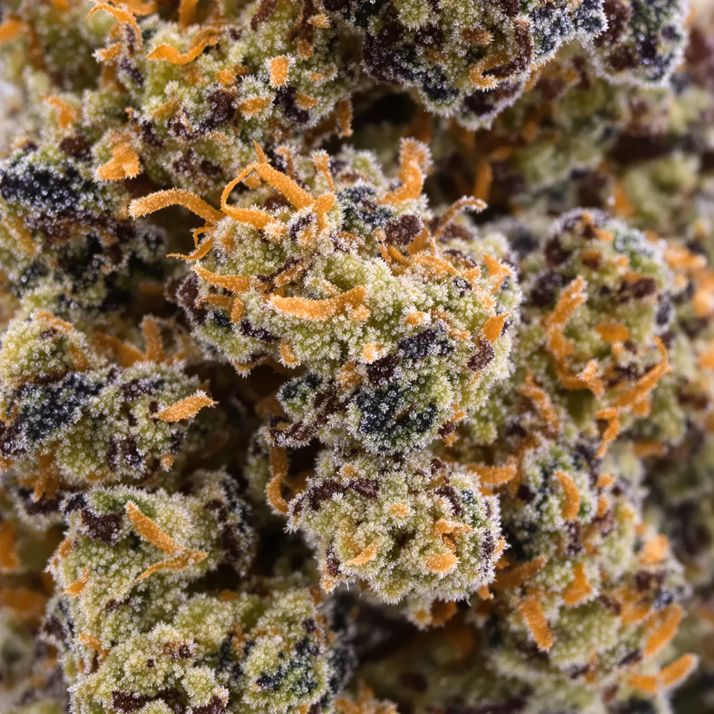 Gros plan de fleur de cannabis Super Skunk montrant calices denses aux reflets violets