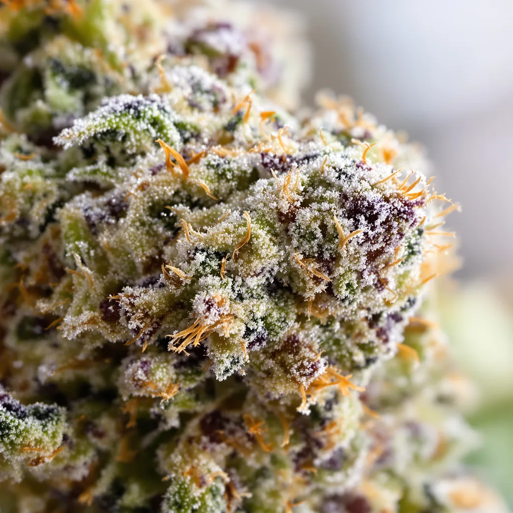 Gros plan de fleur de cannabis Super Snow Dog montrant structure équilibrée avec trichomes givrés