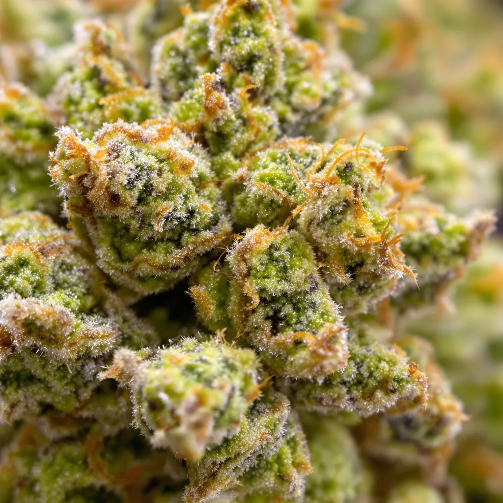 Gros plan de fleur de cannabis Super Sour Diesel montrant structure aérée vert lime