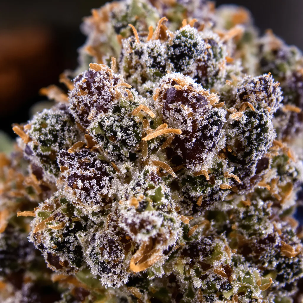 Gros plan de fleur de cannabis Supergirl montrant calices denses aux reflets violets