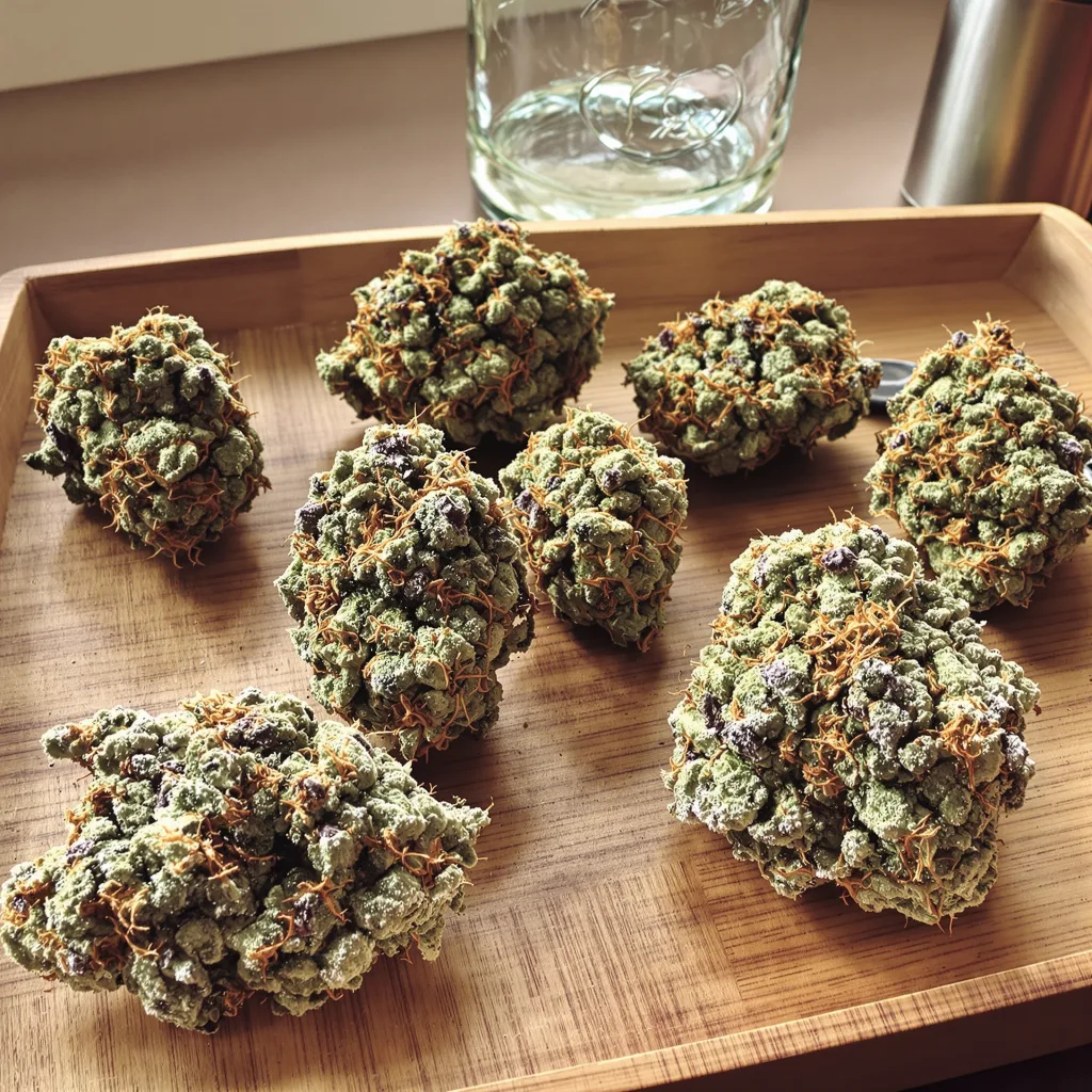 Superglue 52% indica / 48% sativa — fleur avec trichomes visibles