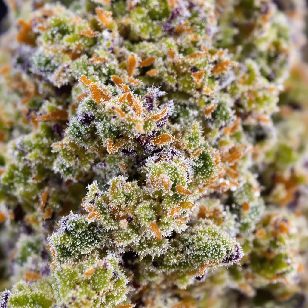 Gros plan de fleur de cannabis Superglue montrant structure équilibrée avec trichomes givrés