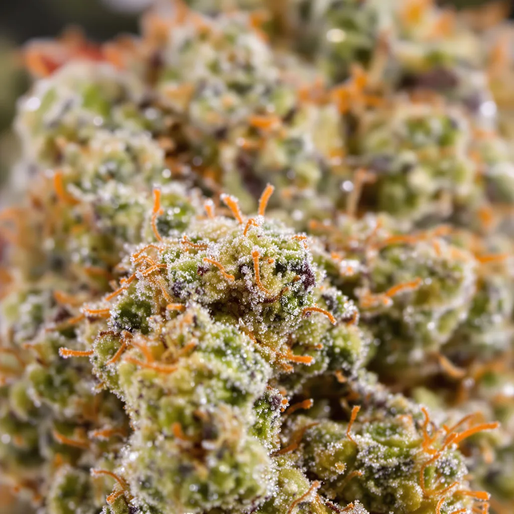 Gros plan de fleur de cannabis Superman OG montrant nugs denses vert forêt