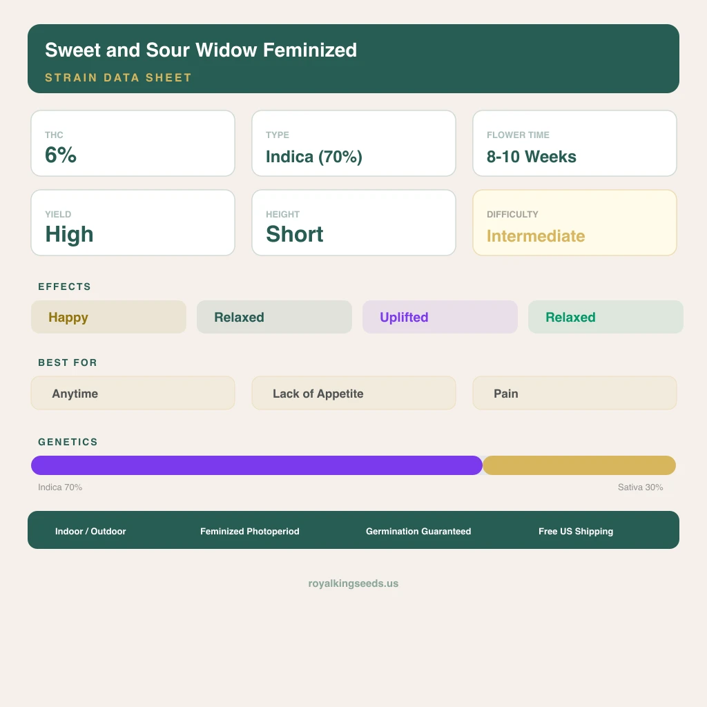Sweet and Sour Widow 70% indica / 30% sativa — fleur avec trichomes visibles