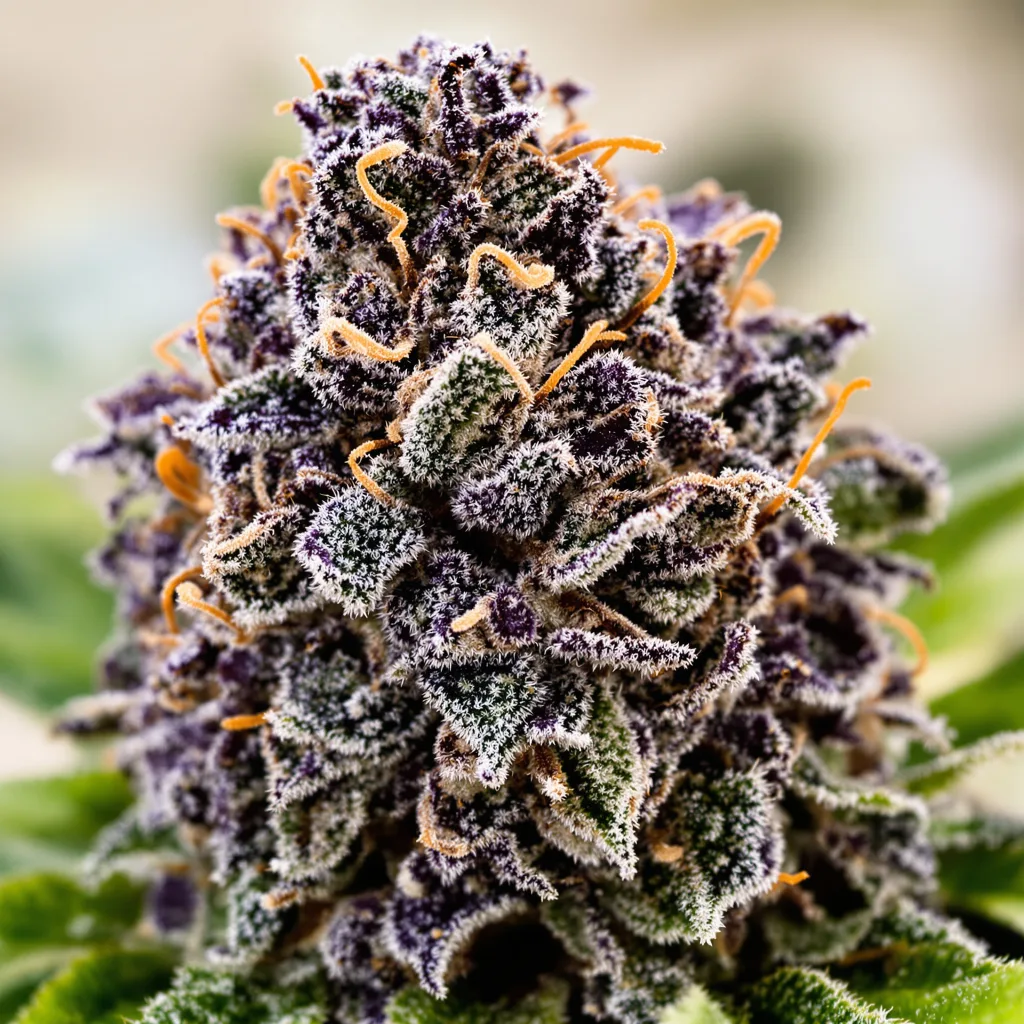Gros plan de fleur de cannabis Sweet Baby Jane montrant calices denses aux reflets violets