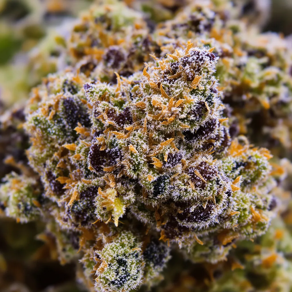 Gros plan de fleur de cannabis Sweet Baby Jane montrant calices denses aux reflets violets