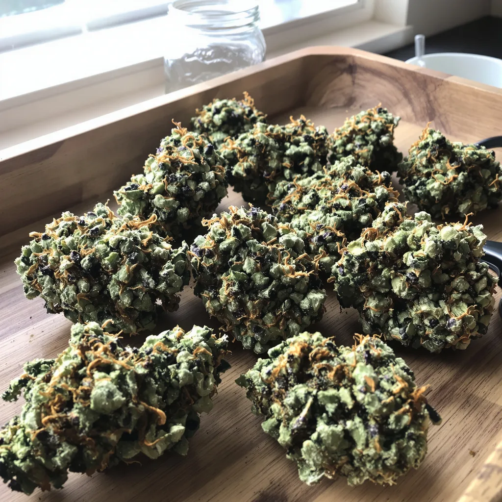 Sweet Berry 38% indica / 62% sativa — fleur avec trichomes visibles