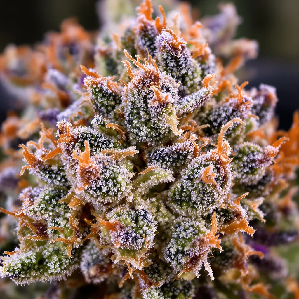 Gros plan de fleur de cannabis Sweet Berry montrant structure ouverte avec pistils orangés
