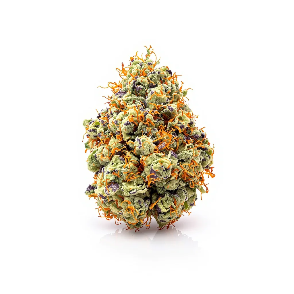 Sweet Berry 38% indica / 62% sativa — fleur avec trichomes visibles