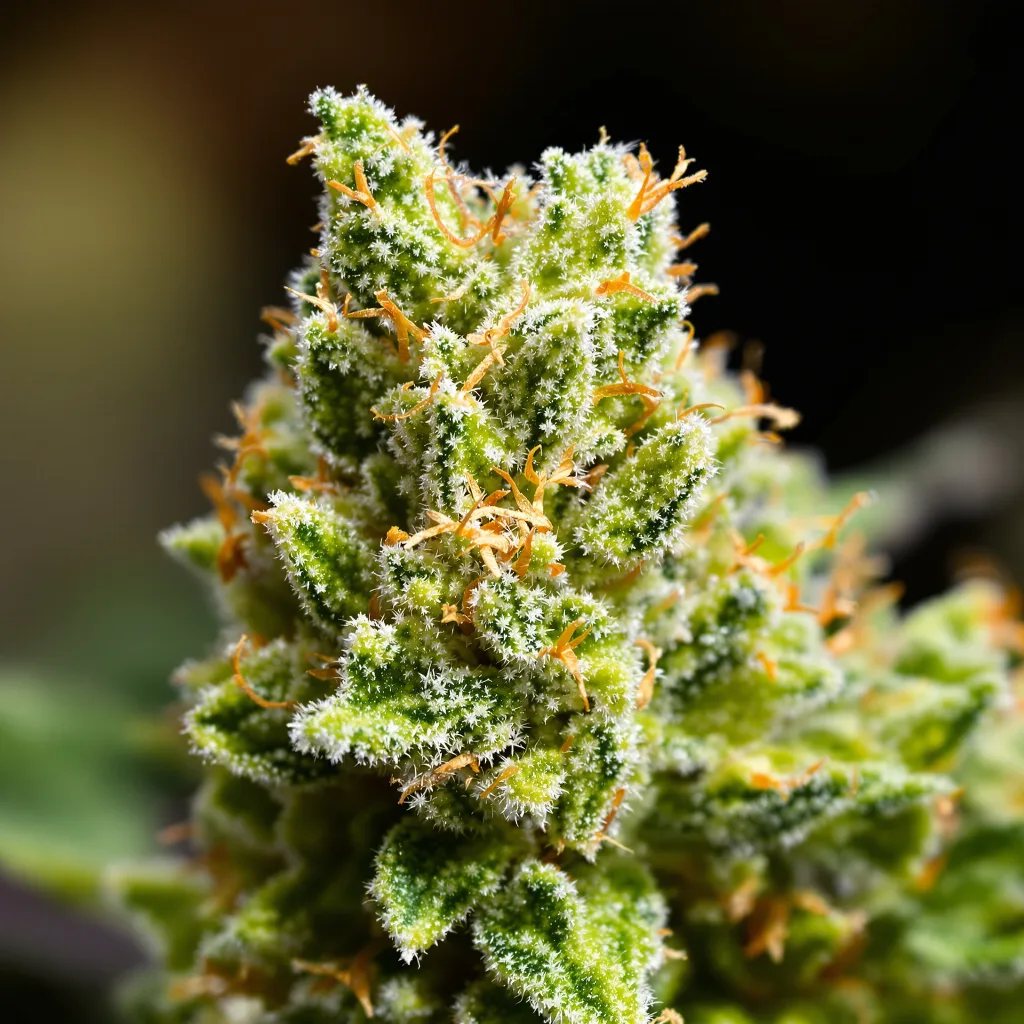 Gros plan de fleur de cannabis Sweet Cheese montrant structure aérée vert lime