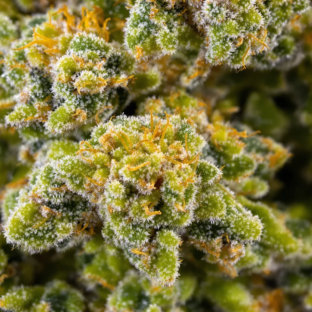 Gros plan de fleur de cannabis Sweet Diesel montrant structure aérée vert lime