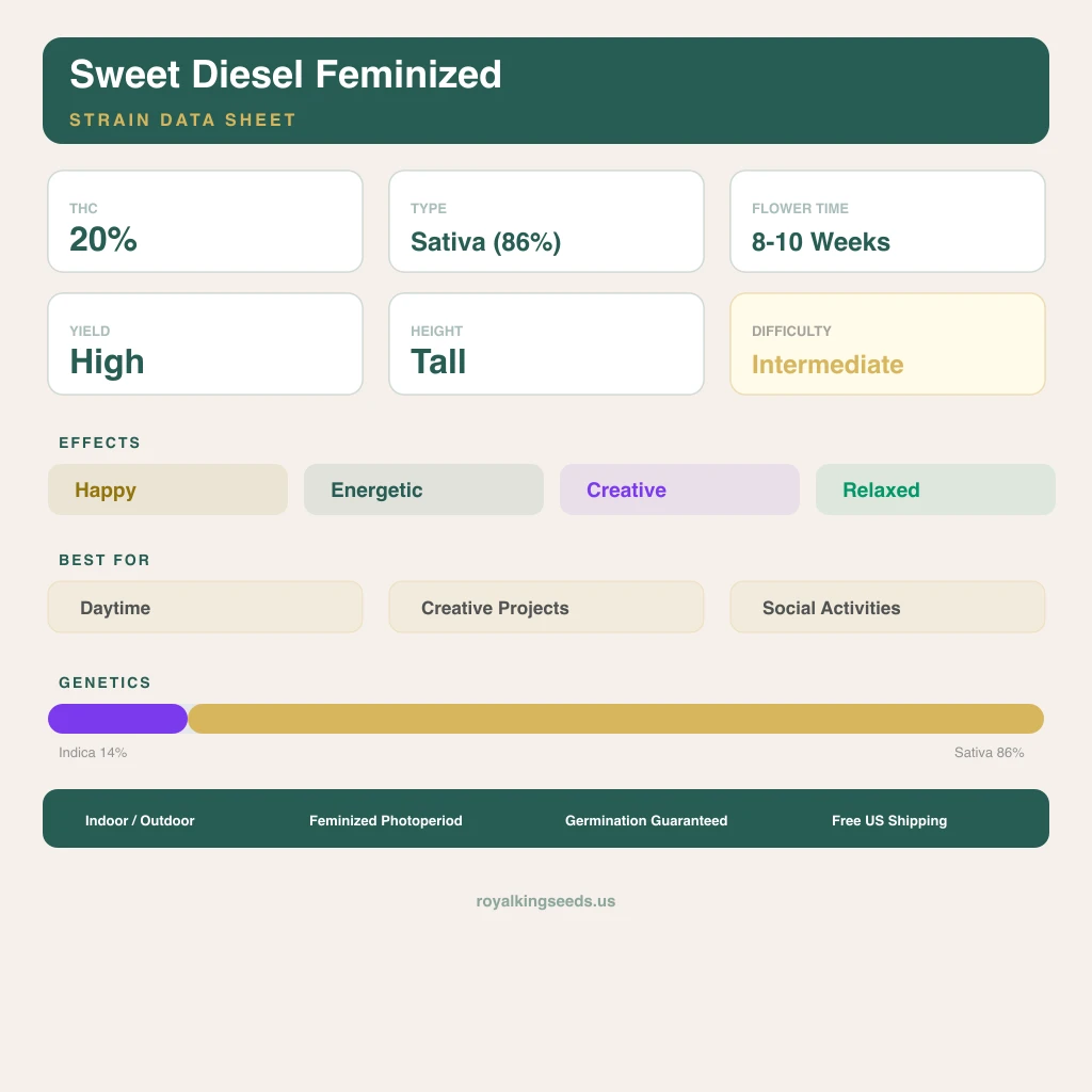 Sweet Diesel 14% indica / 86% sativa — fleur avec trichomes visibles